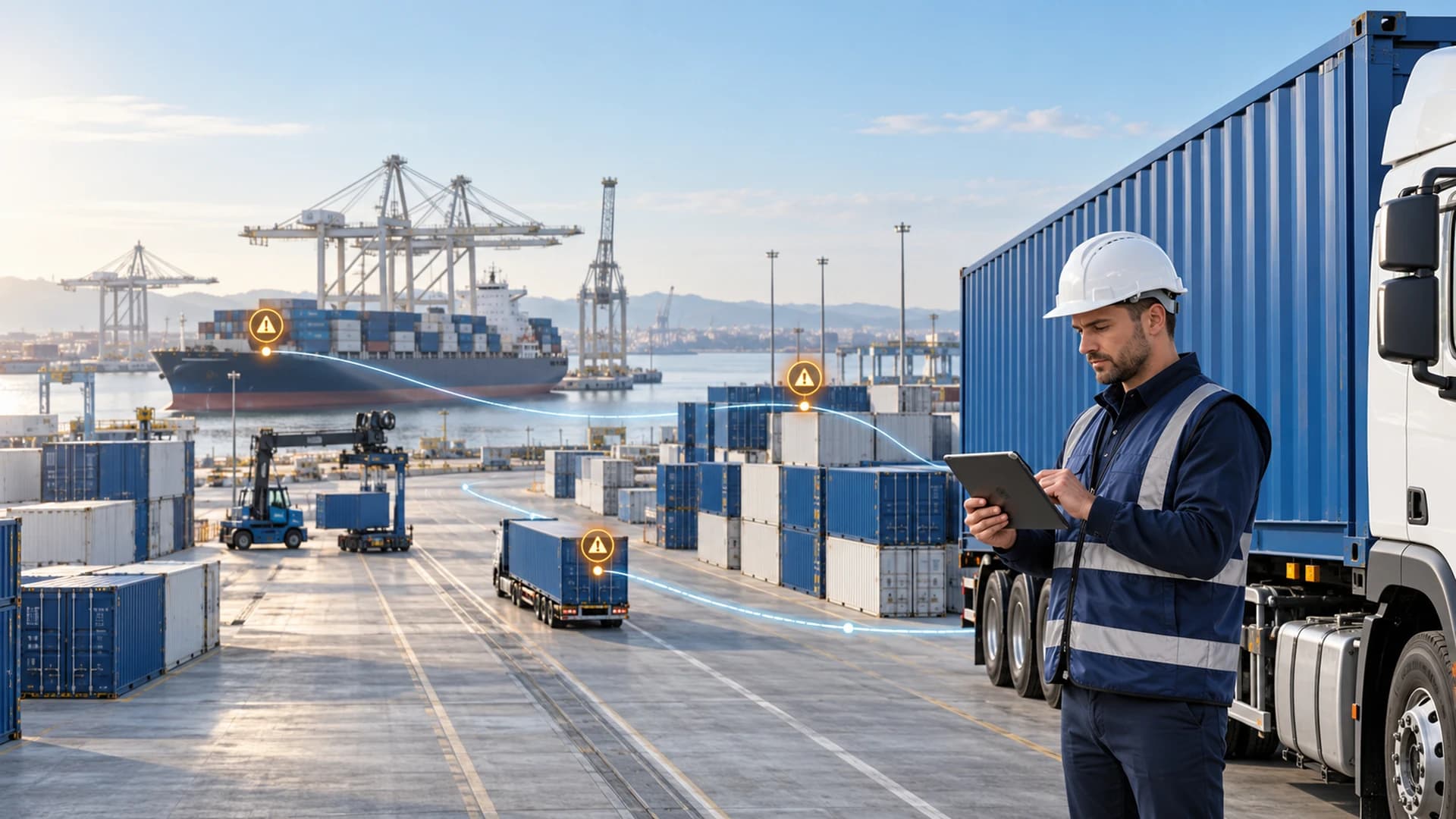 Supervisor con casco y tableta monitoreando una terminal portuaria con contenedores, un buque y camiones de carga