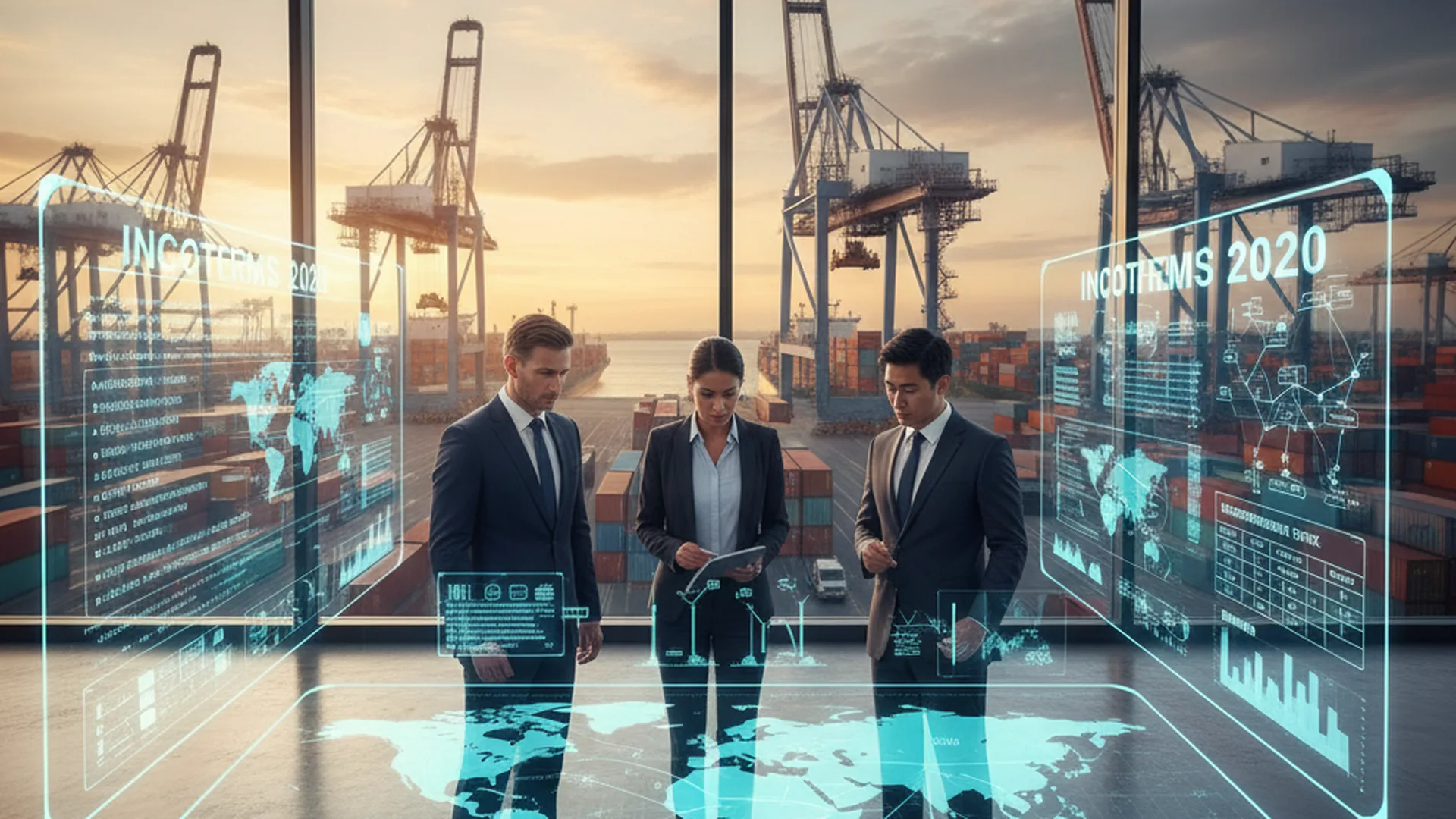 Contenedores apilados en una terminal de comercio internacional