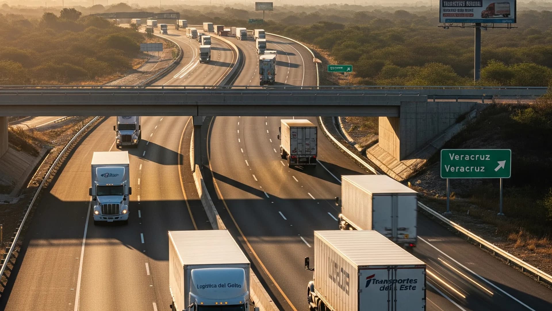 Autopista con tráfico de carga pesada al amanecer