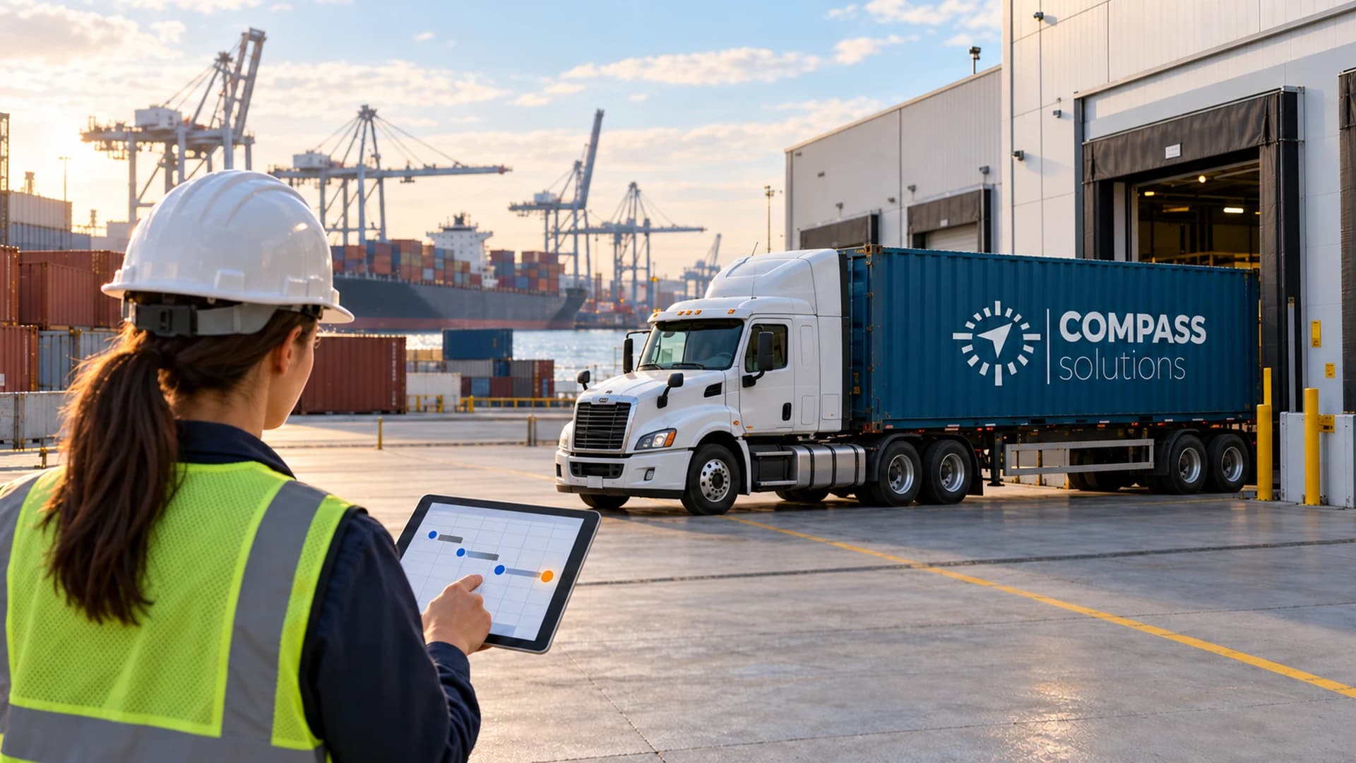 Calendario de planeación con una carga lista para embarque junto a contenedores en una terminal portuaria
