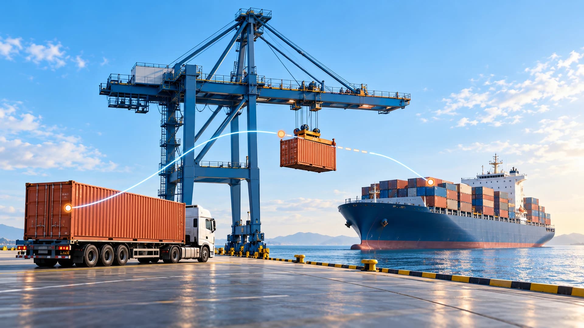 Contenedores y unidades de carga en una terminal durante el traslado entre transporte marítimo y terrestre