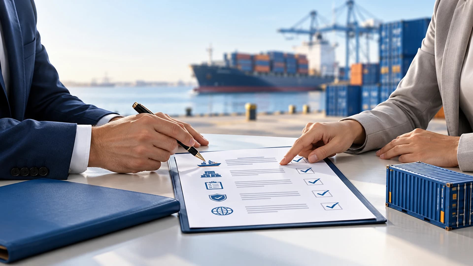 Comprador y proveedor revisando documentos y mercancía empacada antes de un embarque internacional