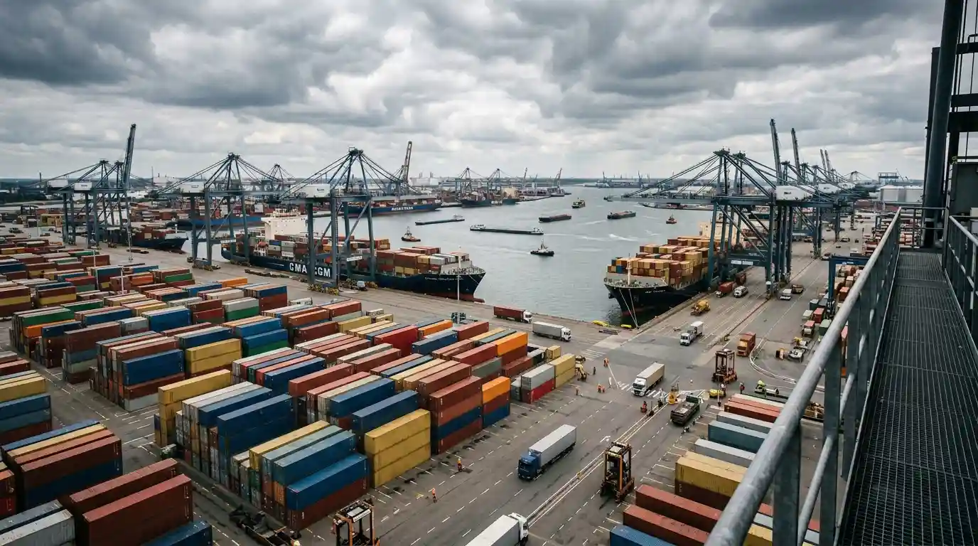 Buque portacontenedores en tránsito visto desde proa con contenedores apilados