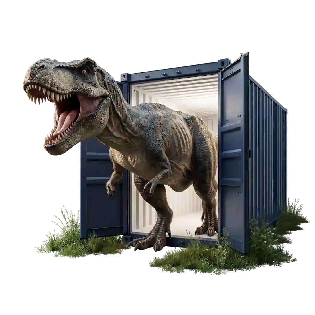 Un tiranosaurio rugiendo mientras sale de un contenedor marítimo abierto