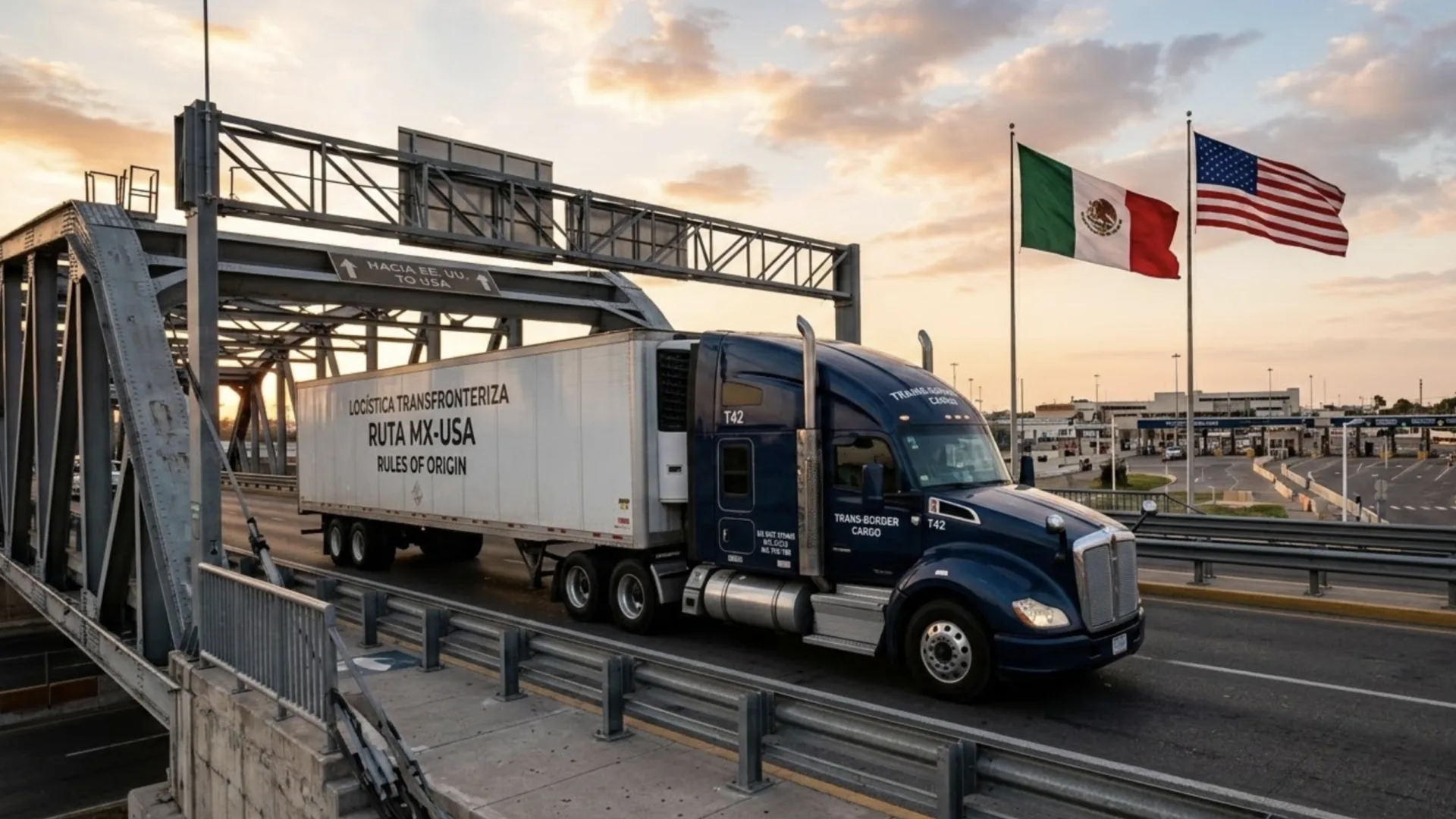 Cruce fronterizo con tráfico de carga entre México y Estados Unidos