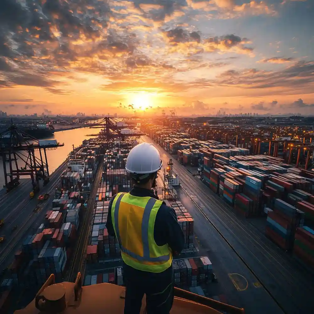 Supervisor de operaciones observando una terminal portuaria al atardecer